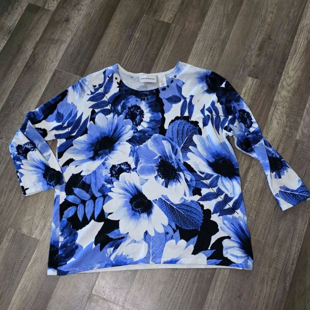 Alfred Dunner Women's XL Blue Floral Print Embellished 3/4 Sleeve Knit Top